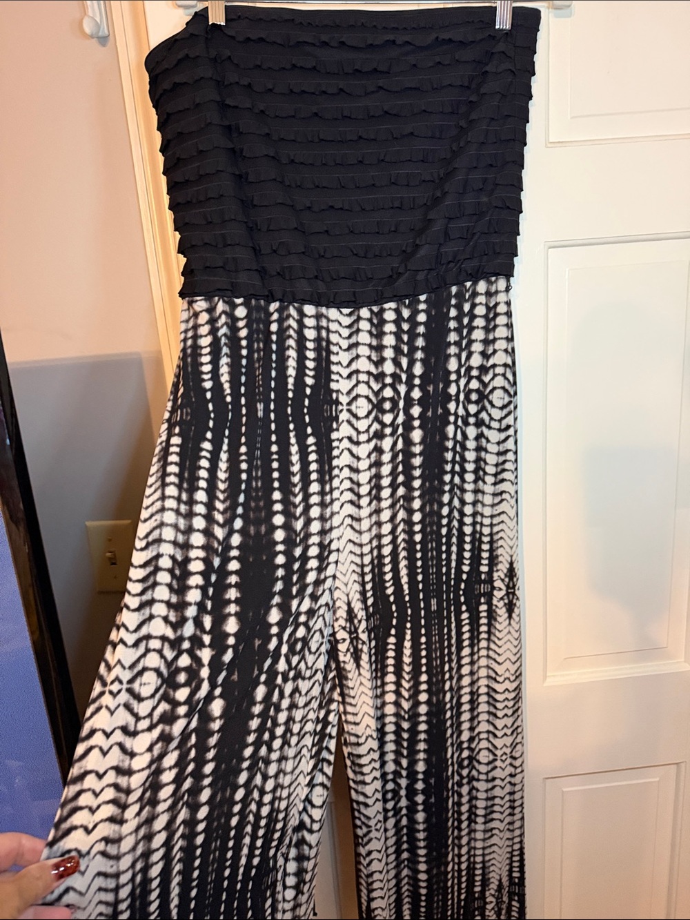 Dress Barn Black and White Strapless Ruffle Bodice Wide-Leg Jumpsuit